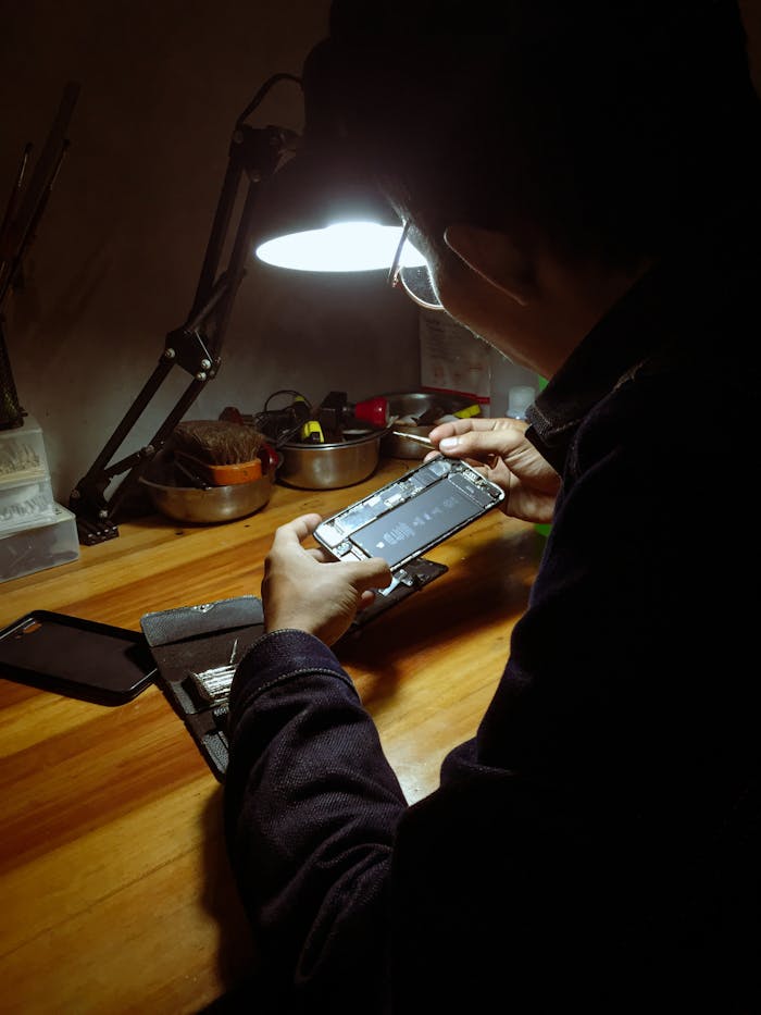 An adult man repairing a smartphone under a desk lamp in a dimly lit room.